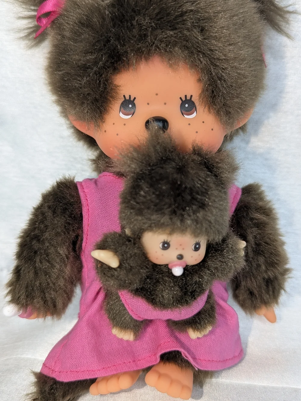 Monchhichi Doll with Baby in Pouch Pink Dress